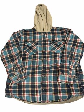 L.L.Bean Hooded Flannel-Lined Shacket in Teal, Navy & Pink